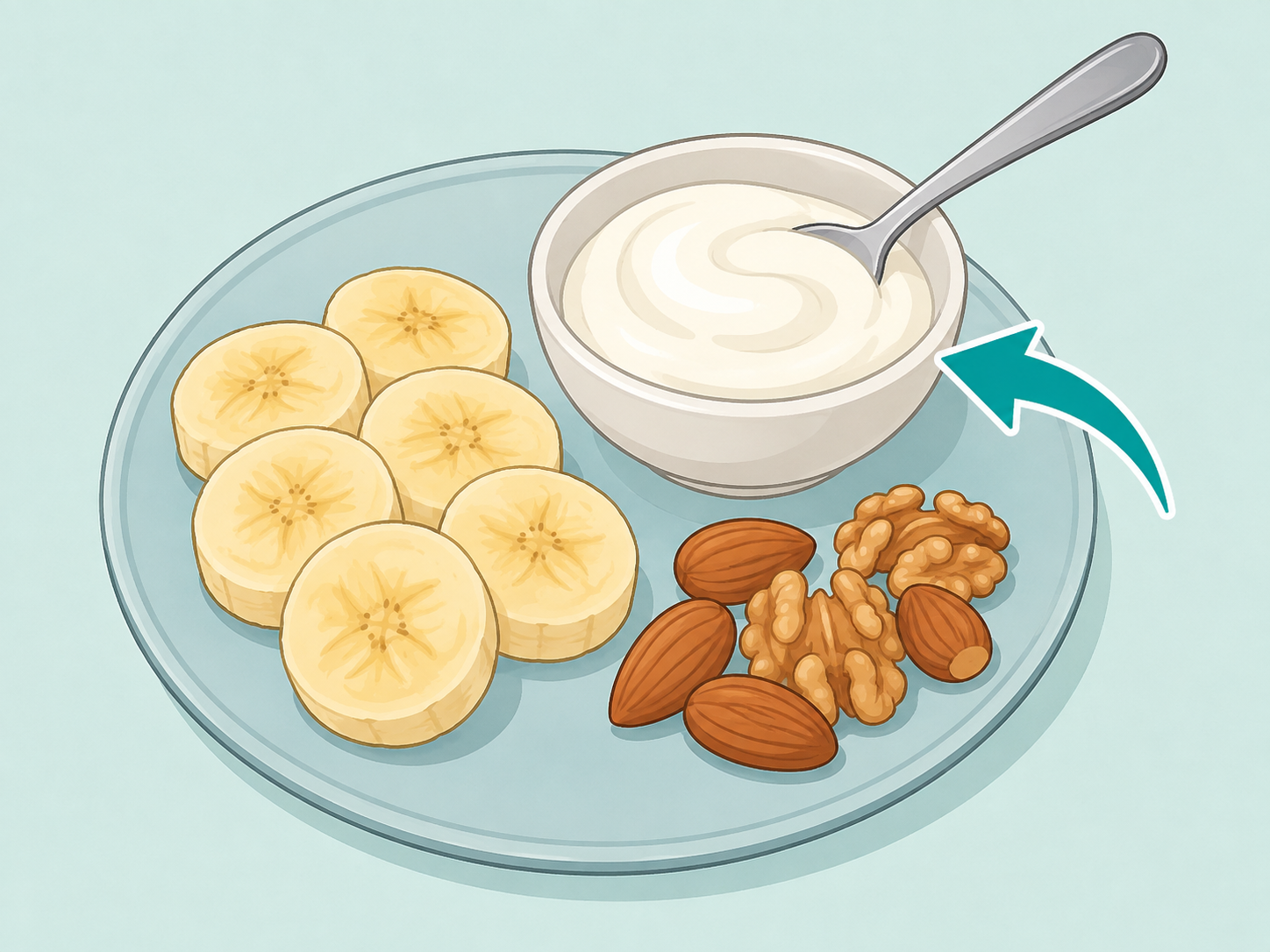 Banana slices paired with yogurt and nuts for a more filling snack.