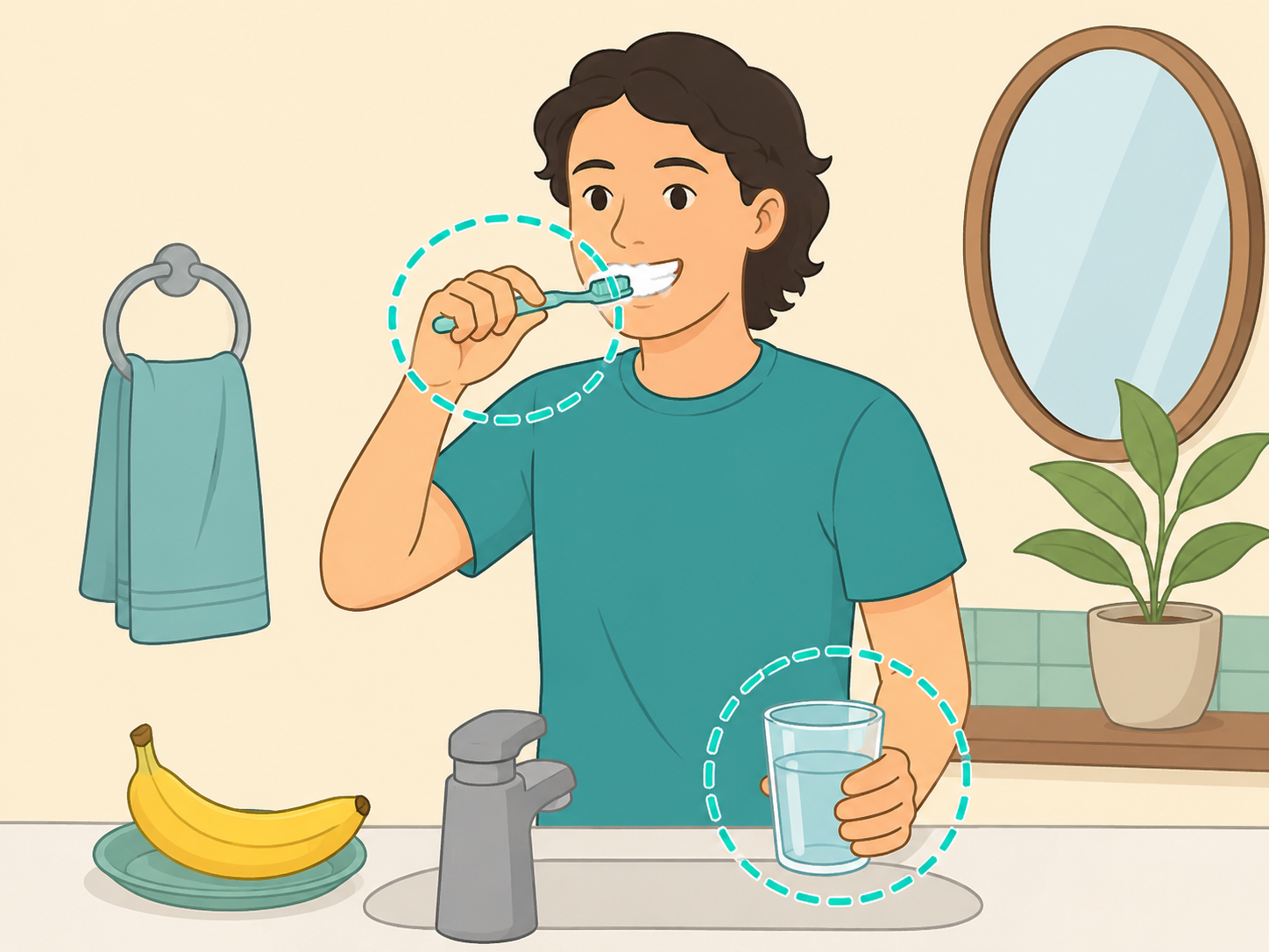 Person brushing teeth after a nighttime banana snack.
