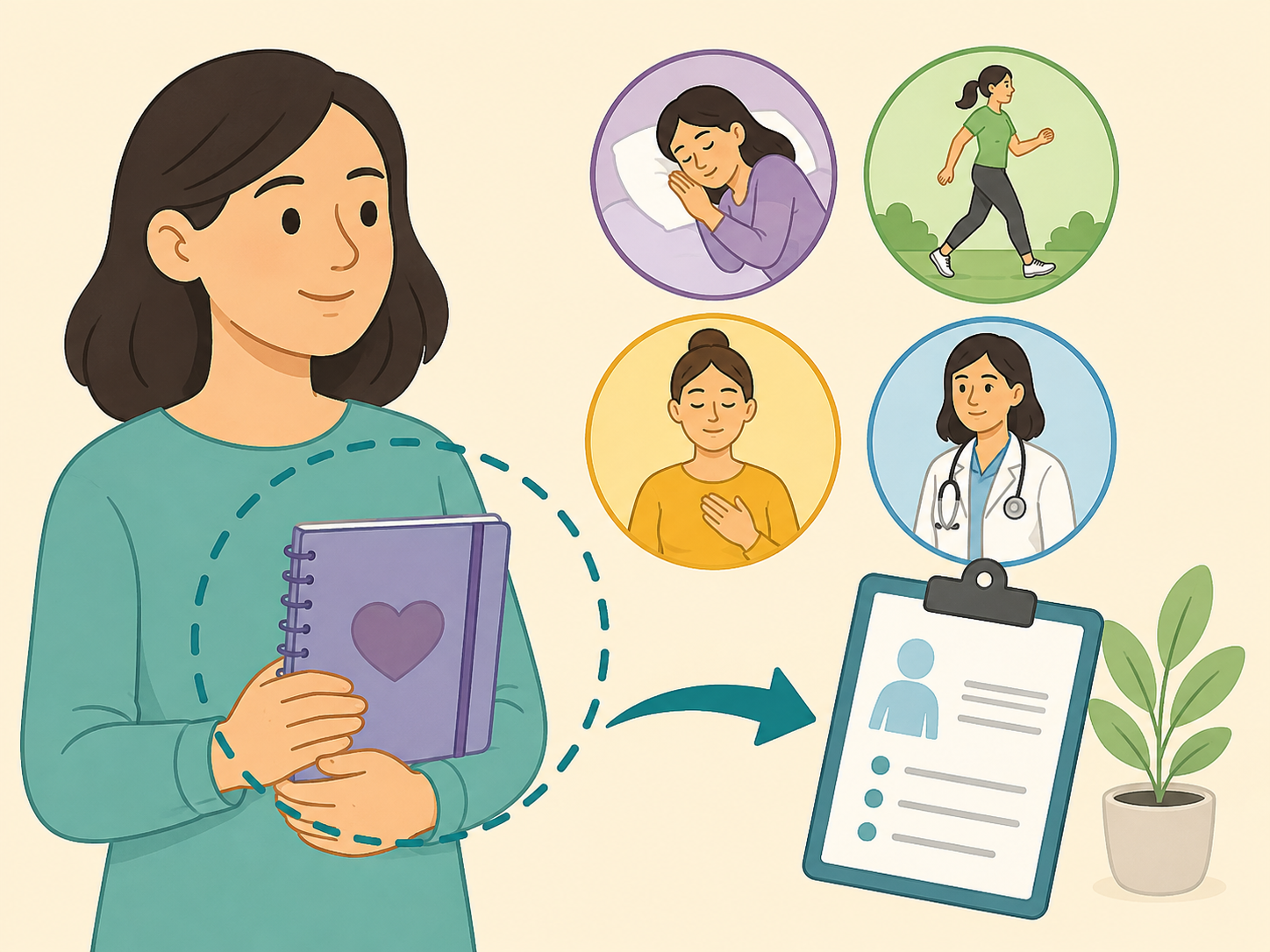 Illustration of a person tracking fibromyalgia symptoms and care habits in a journal.