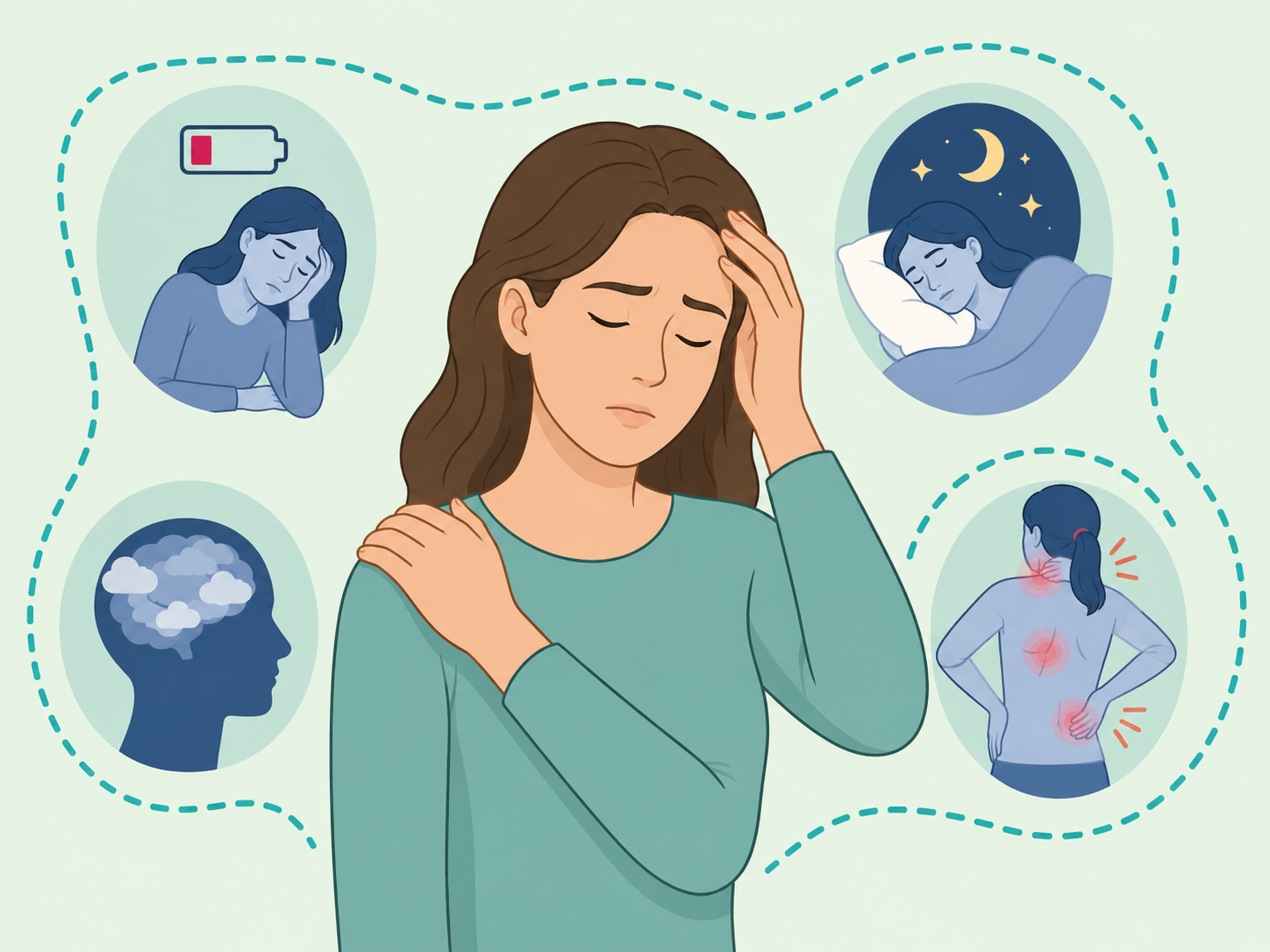 Person recognizing common fibromyalgia symptoms such as pain, fatigue, sleep trouble, and brain fog.