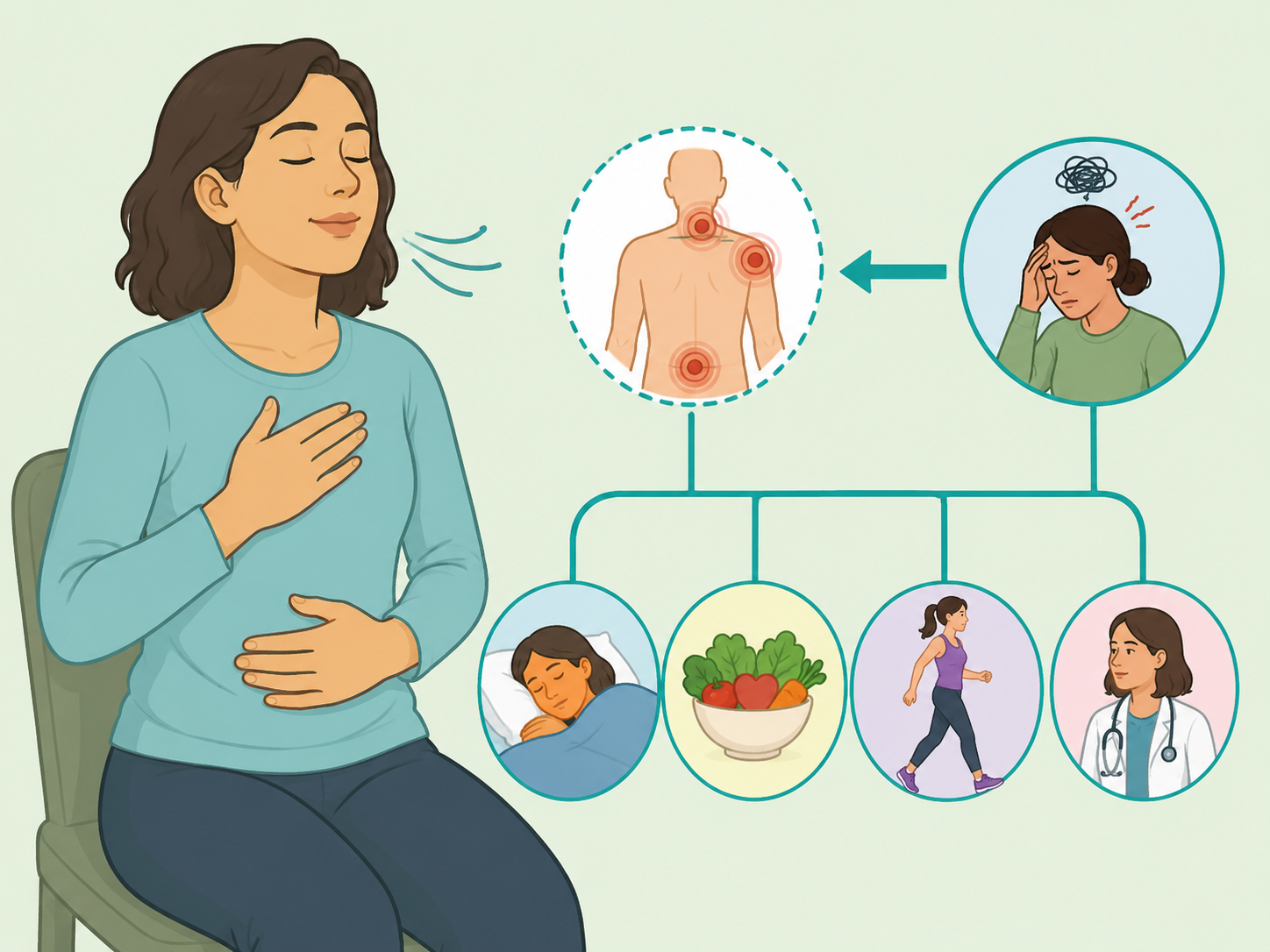 Person calmly acknowledging stress as one possible fibromyalgia trigger without self-blame.