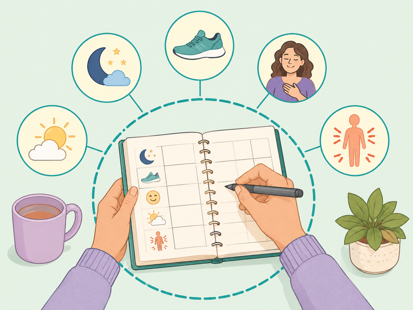 Hands tracking fibromyalgia symptoms, sleep, stress, activity, and triggers in a journal.