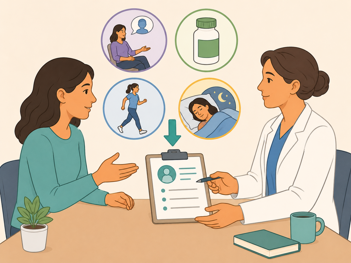 Patient discussing evidence-based fibromyalgia treatment options with a health care professional.