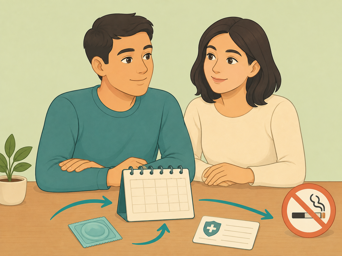 Illustration of a couple reviewing shared cervical health prevention choices together.