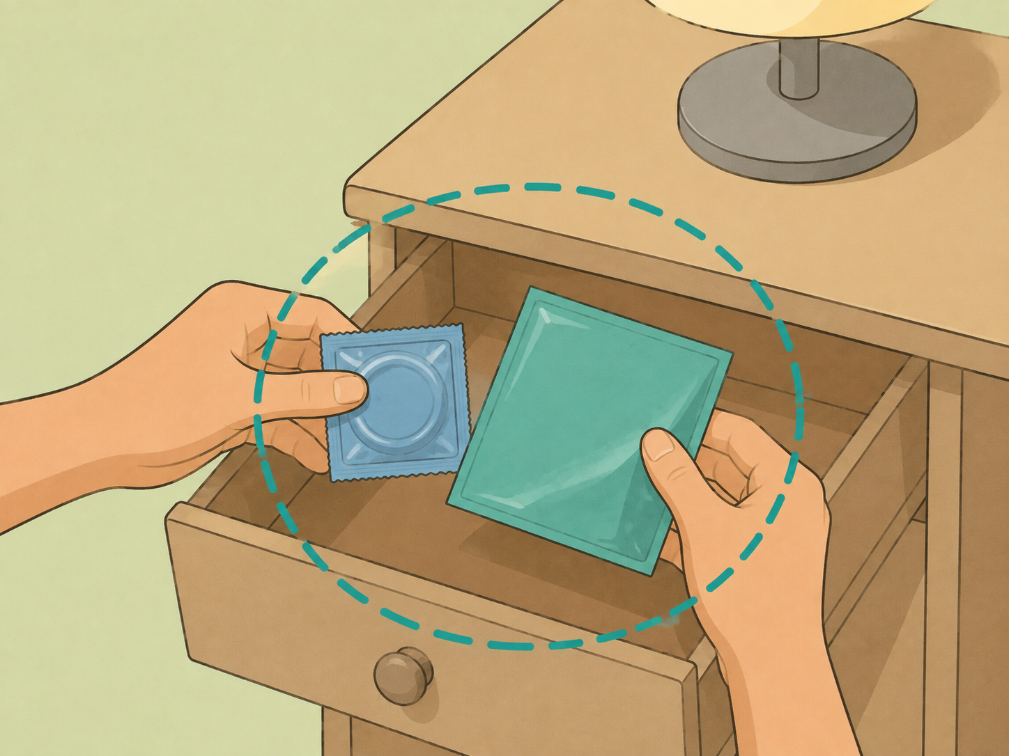 Hands preparing condoms and barriers for safer sex.