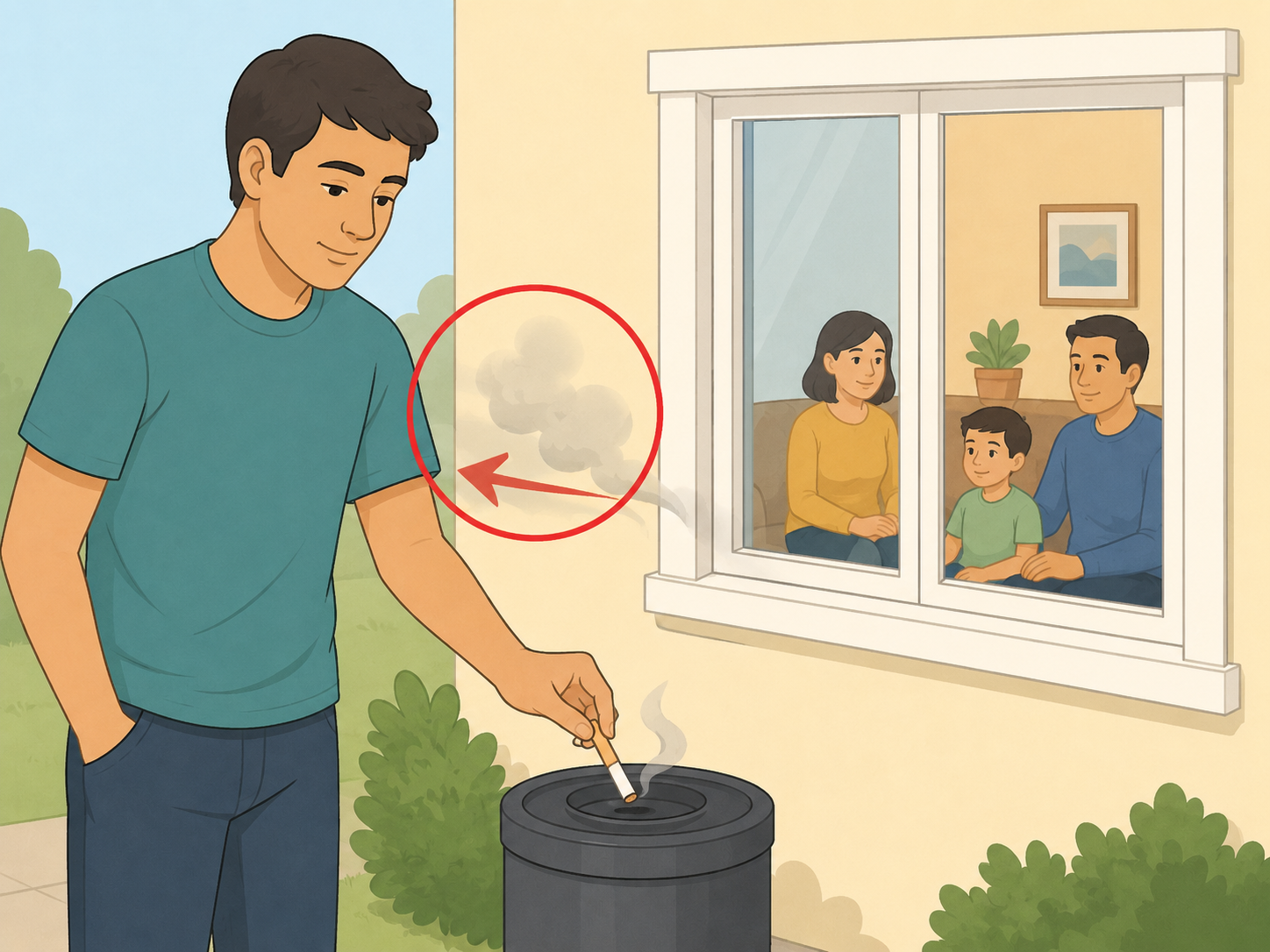 A husband keeping tobacco smoke away from shared living spaces.