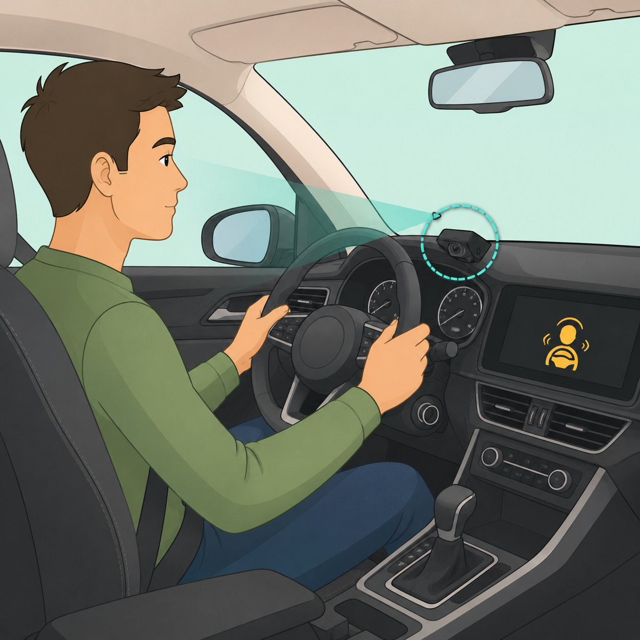 Illustration of a driver attention warning camera and dashboard alert in a modern car.