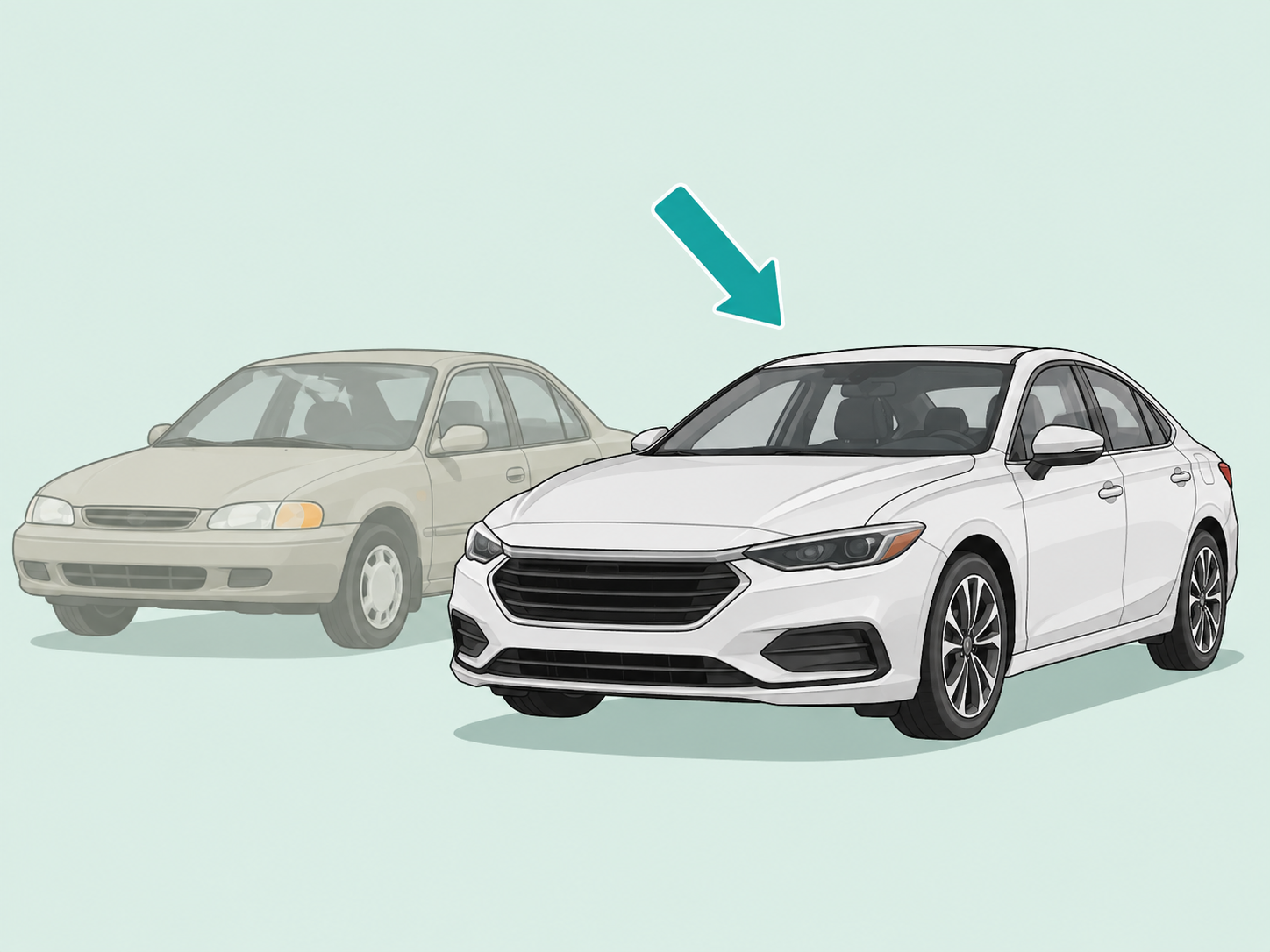 New car highlighted separately from an older car already on the road.