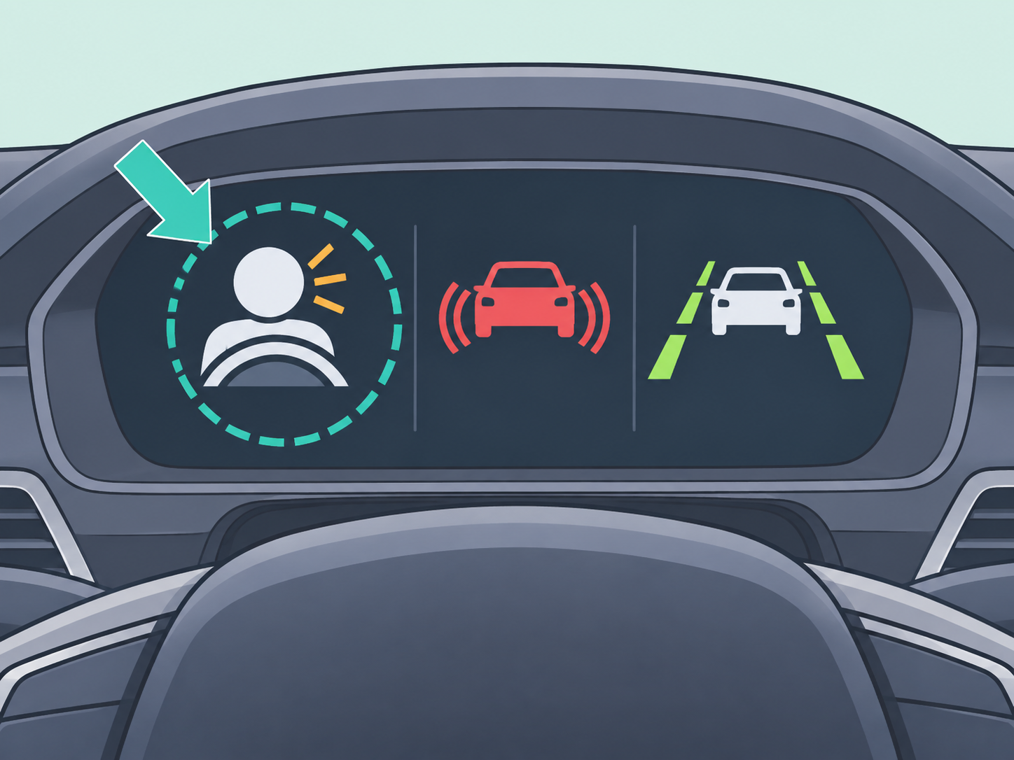 Different car safety features shown as separate dashboard symbols.