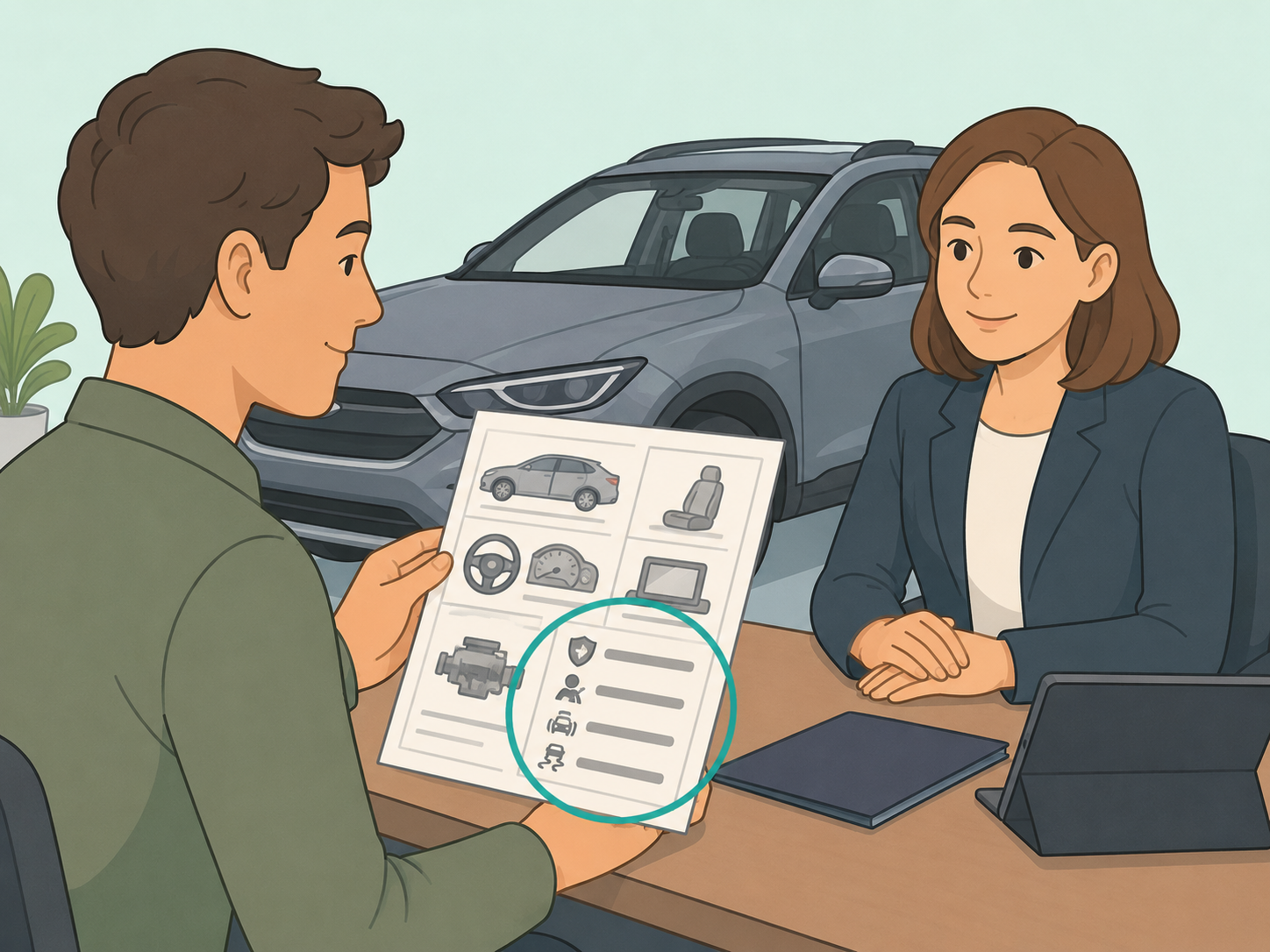 Car buyer checking the safety equipment list before purchase.