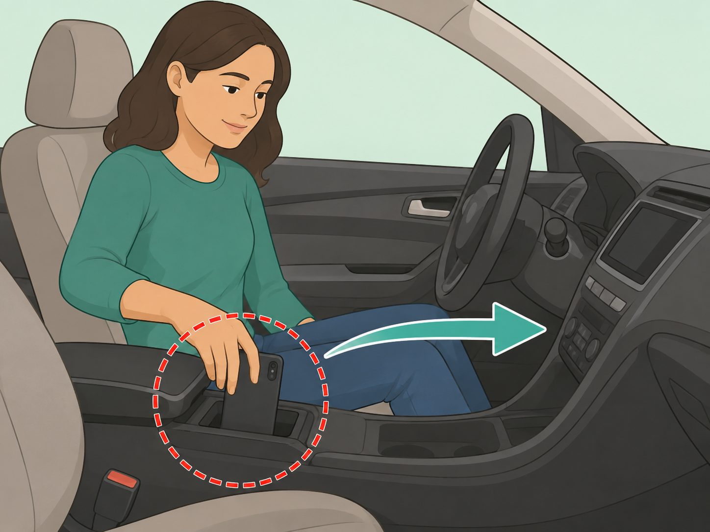 Driver putting a phone away before starting the trip.