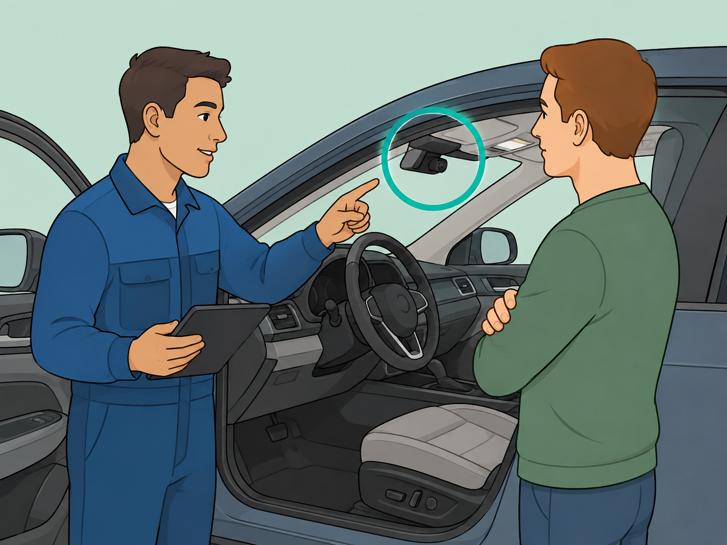 Technician checking a driver attention warning camera with the car owner.