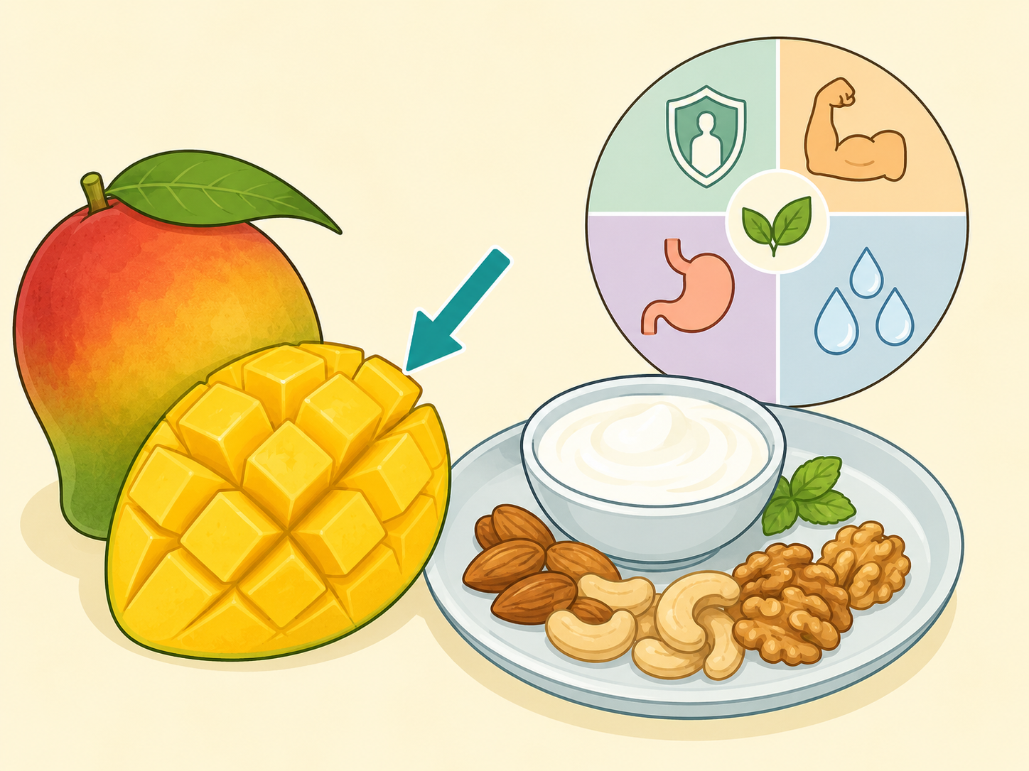 Illustration of sliced mango with balanced foods and highlighted mango flesh.