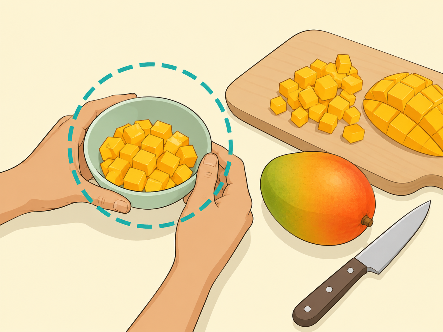 Hands measuring a realistic serving of chopped mango in a bowl.