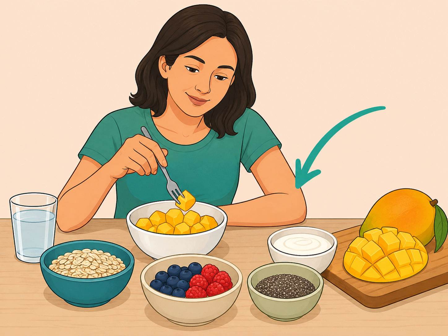 Person choosing mango with other fiber-rich whole foods.
