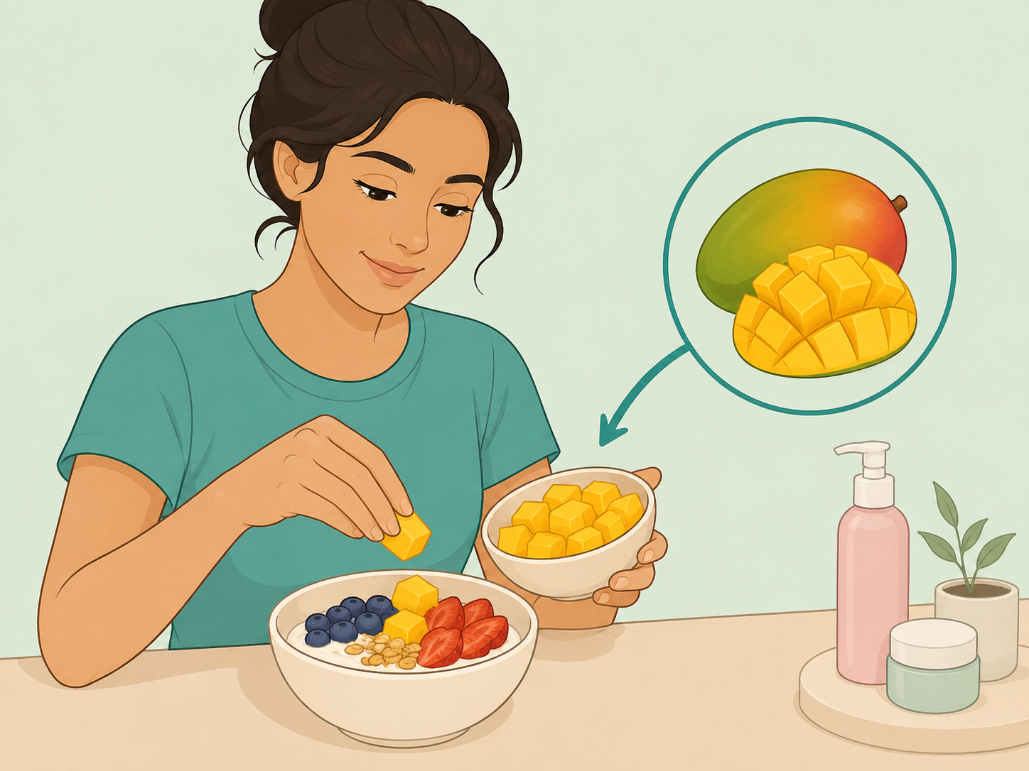 Mango cubes added to food as gentle skin-supporting nutrition.