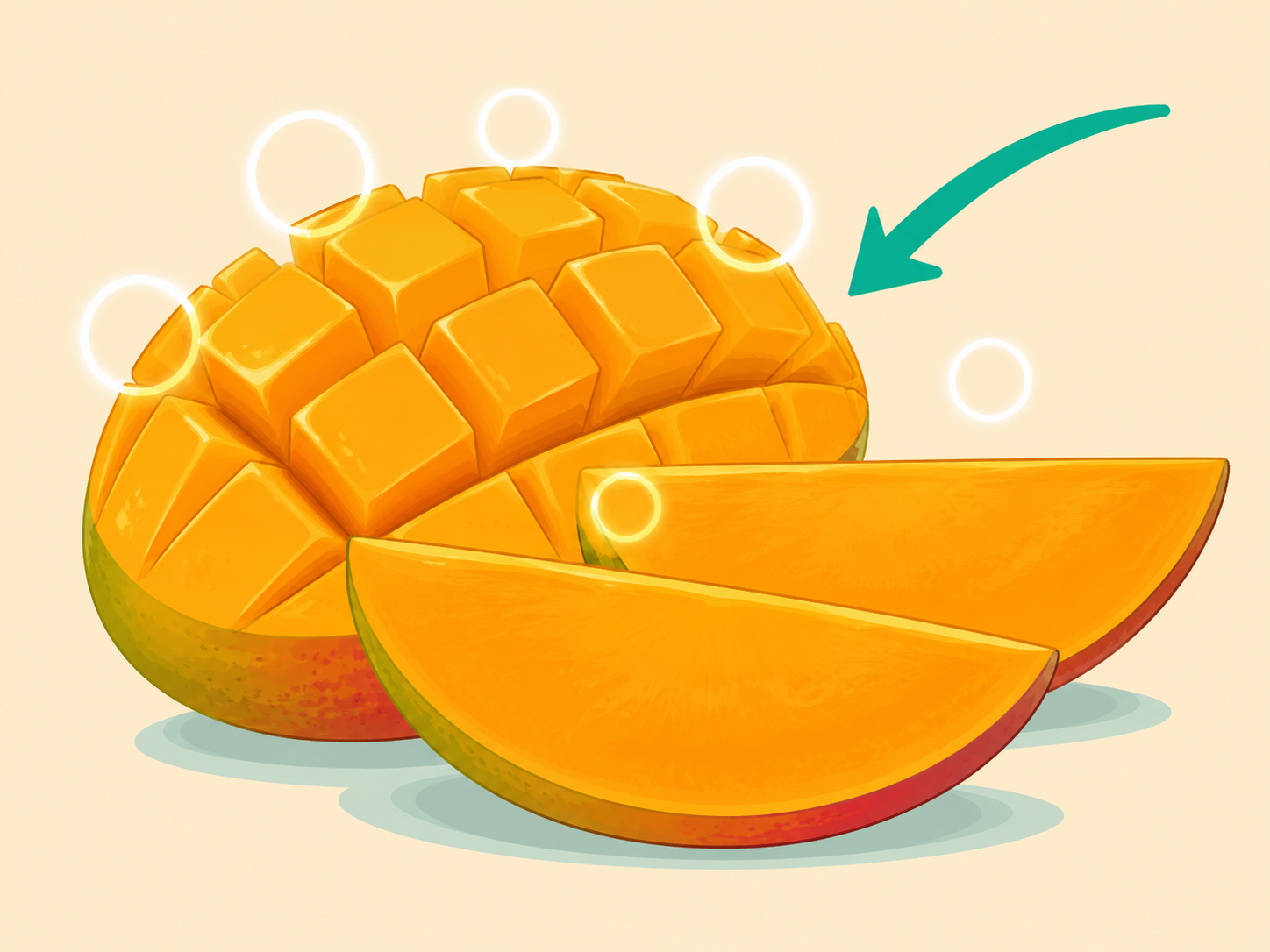 Bright orange mango slices highlighted for their colorful nutrients.