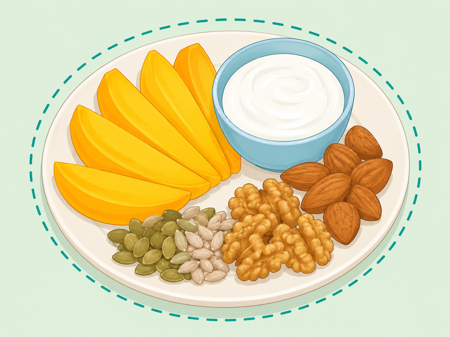 Balanced snack plate with mango, yogurt, nuts, and seeds.