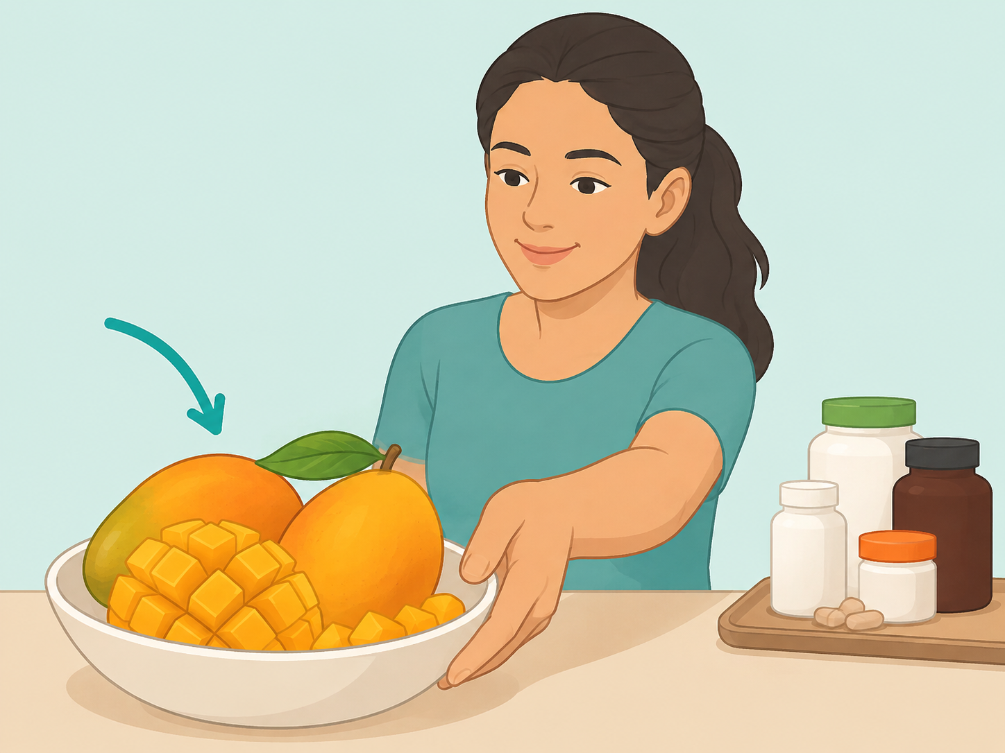 Person choosing fresh mango instead of beauty supplement bottles.
