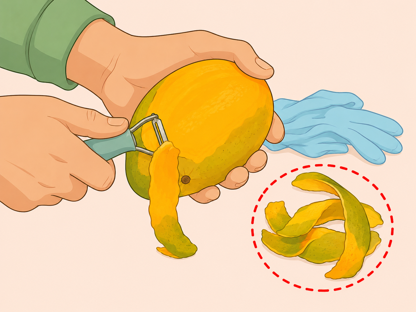 Hands carefully peeling mango while the peel is highlighted.