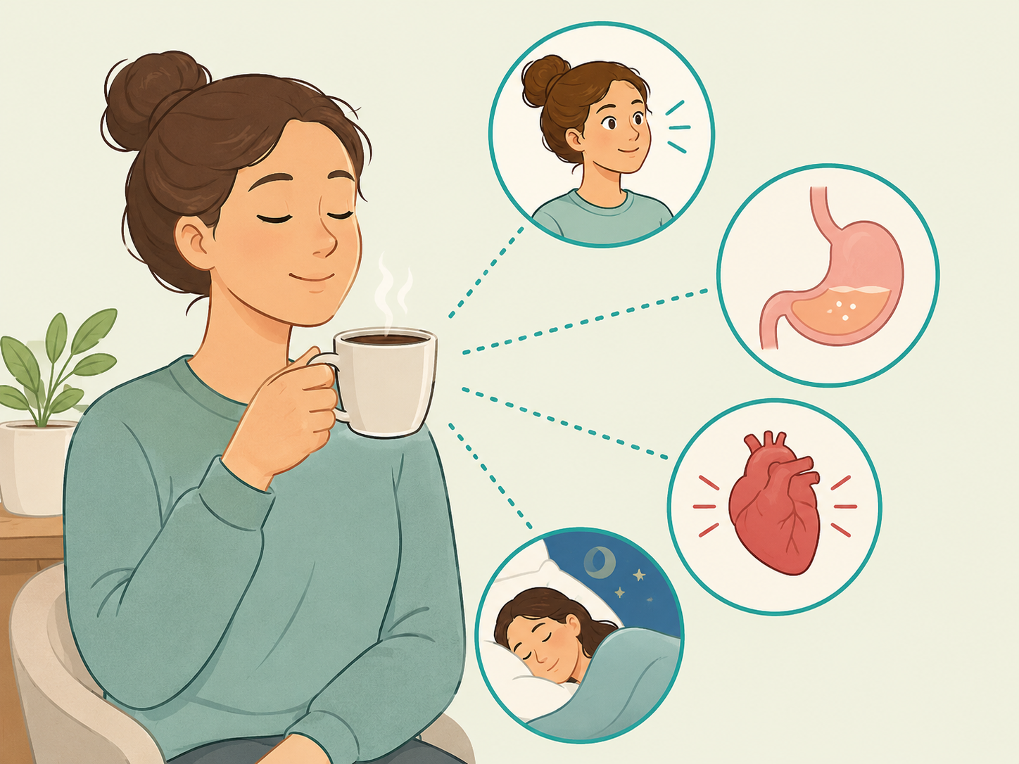 Illustration of morning coffee with simple symbols for energy, digestion, heart effects, and sleep.