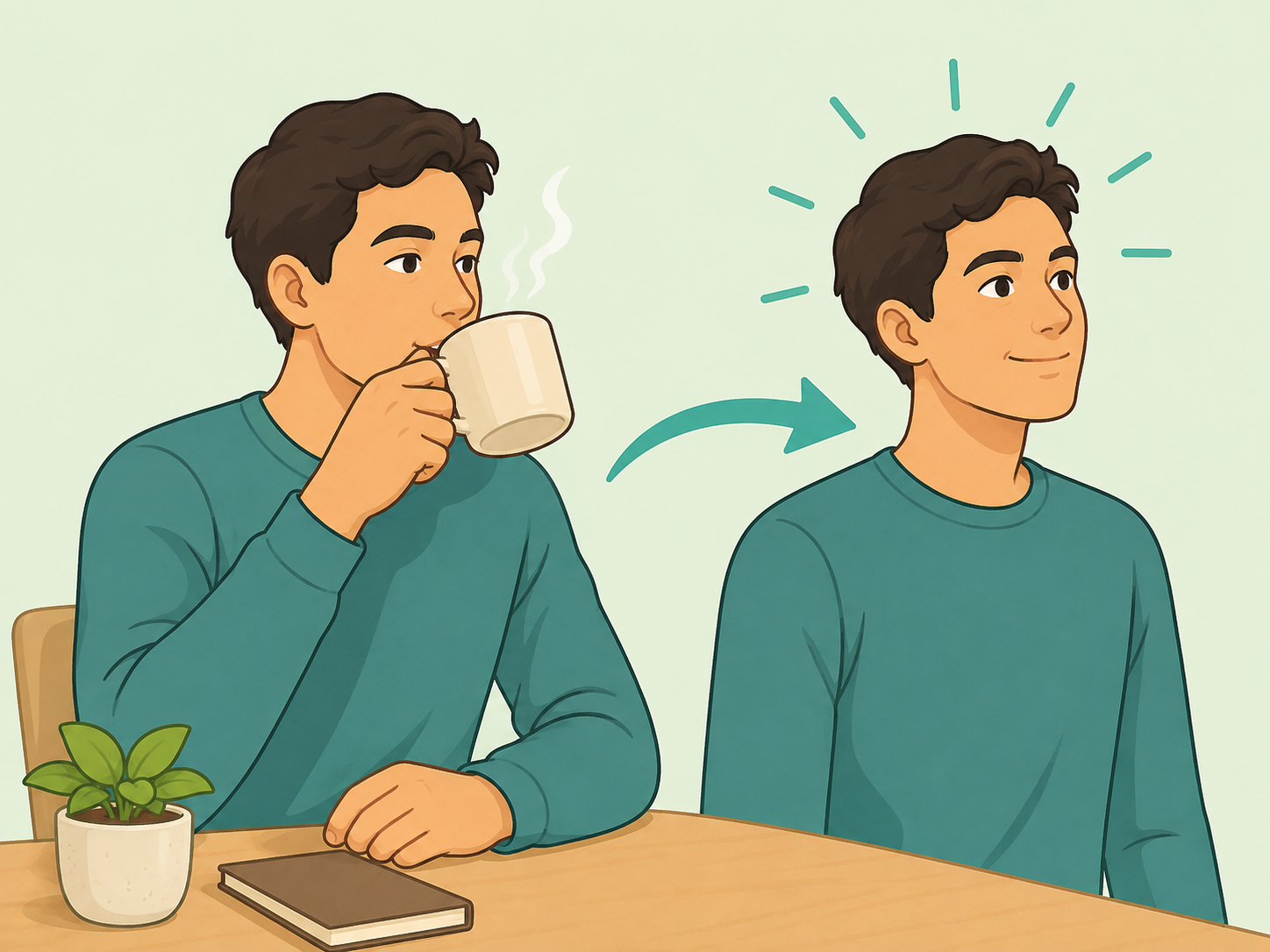 Person drinking morning coffee and becoming more alert.