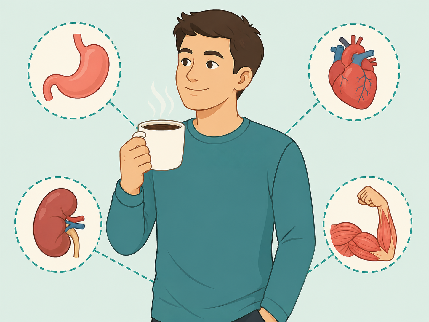 Coffee affecting several body systems beyond alertness.