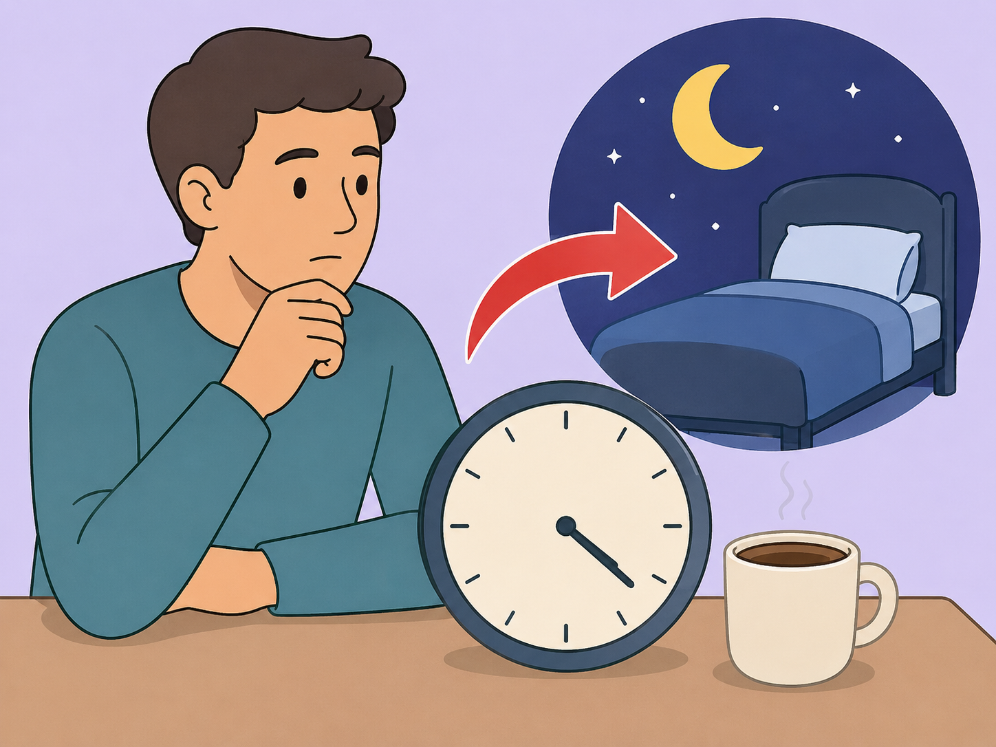 Person considering coffee timing to avoid sleep disruption.