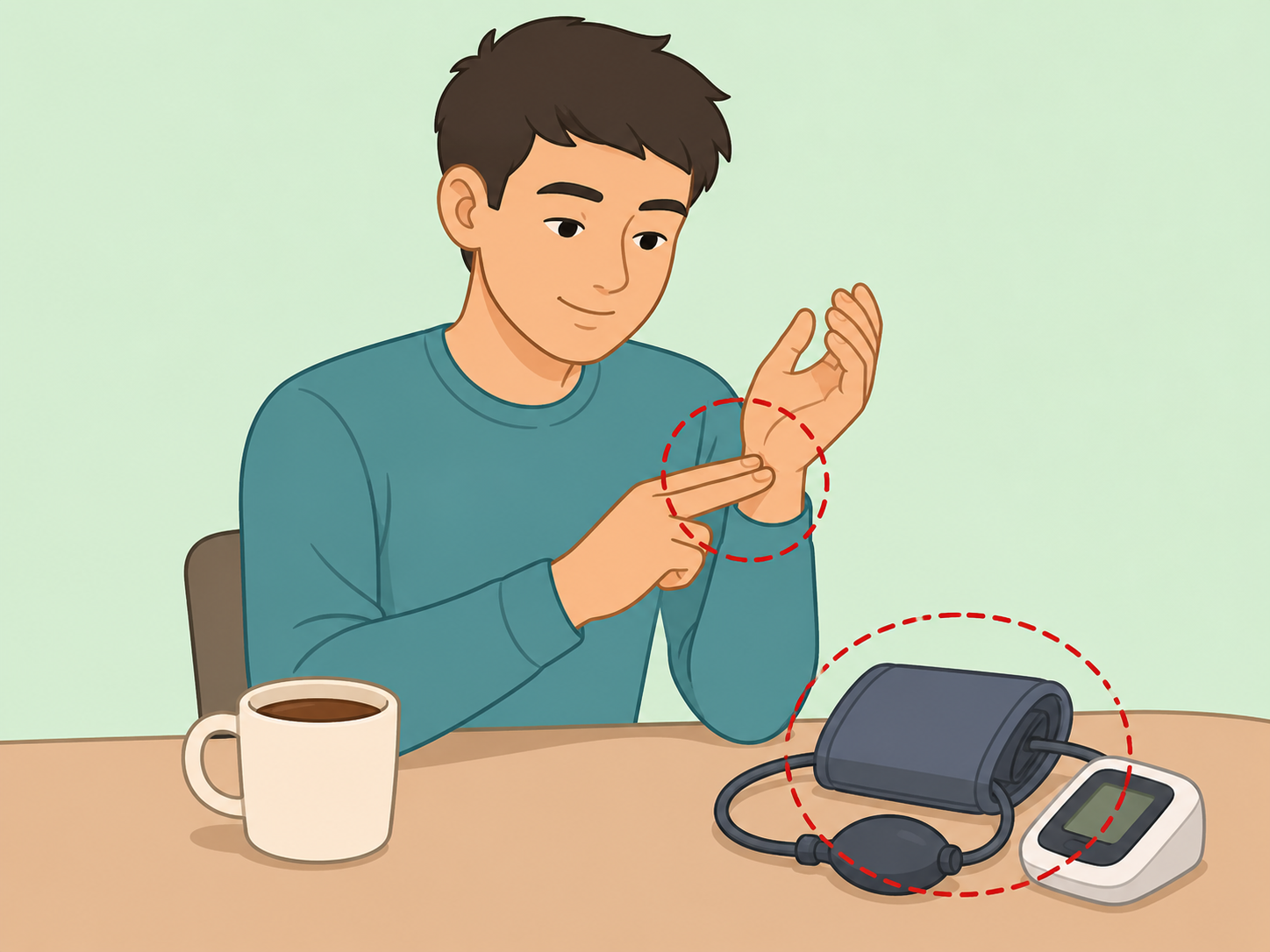 Person monitoring pulse and blood pressure after coffee.