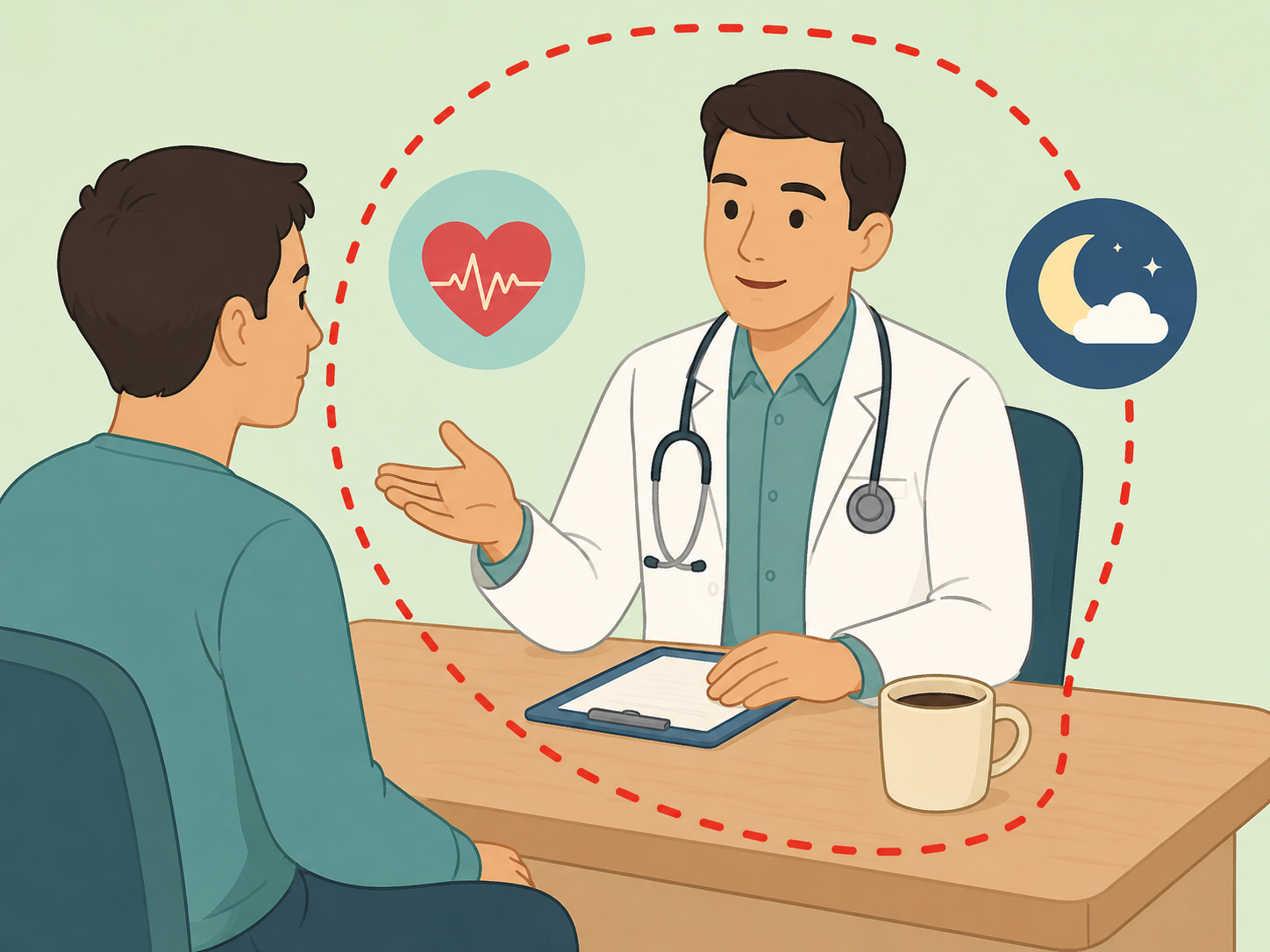 Person seeing a doctor about concerning coffee-related symptoms.