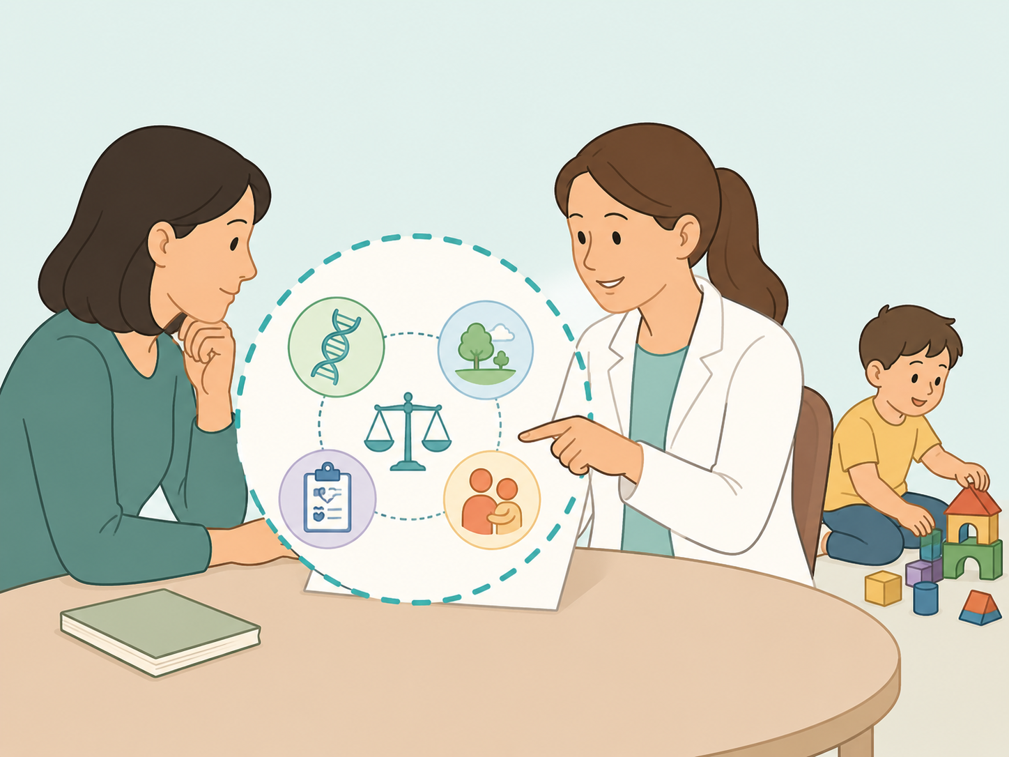 Caregiver reviewing autism research with a healthcare professional while a child plays nearby.