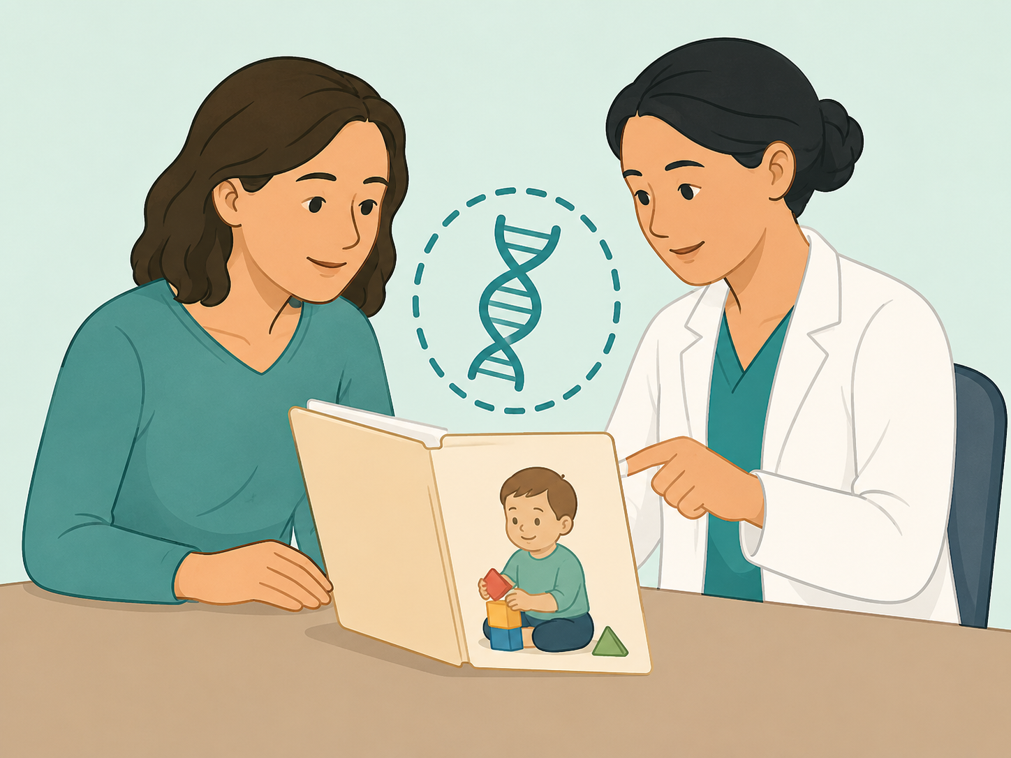 Caregiver and clinician considering genetics as part of autism research.