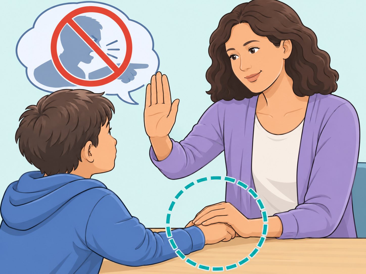 Caregiver rejecting blame and offering support to a child.