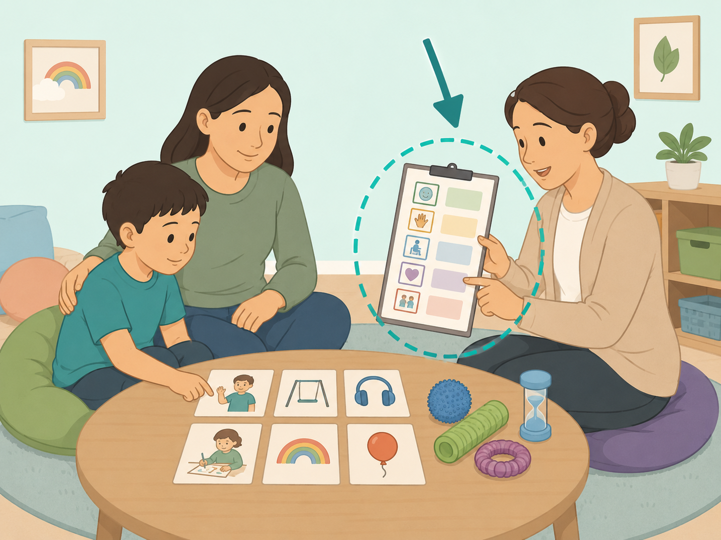 Child, caregiver, and therapist using supportive autism services.