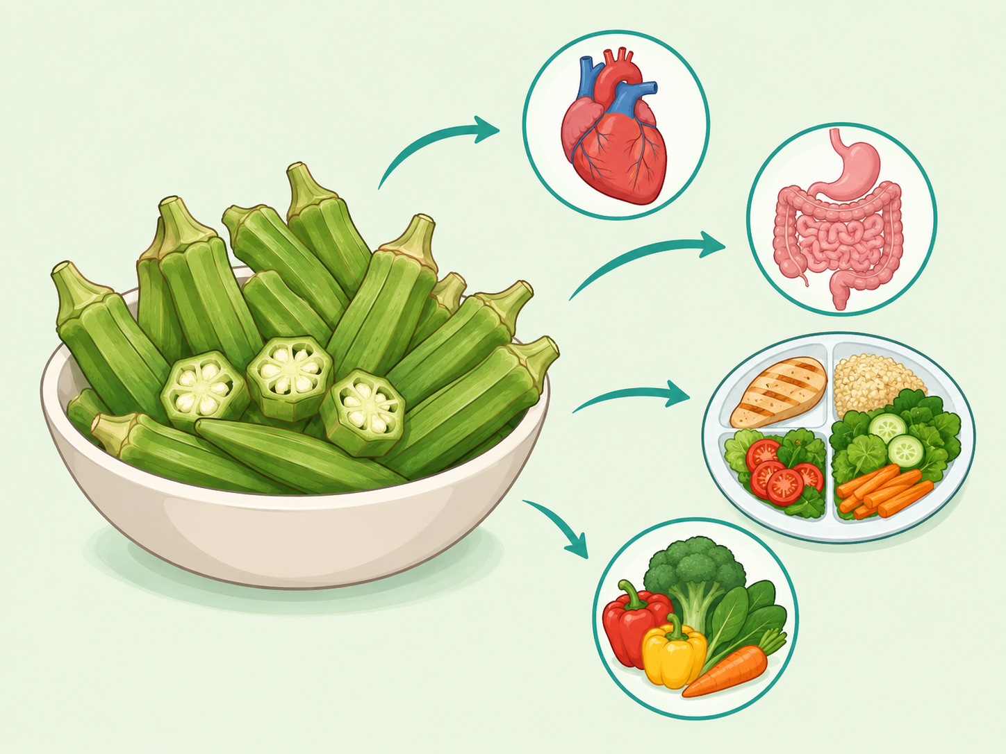 Illustration of fresh okra with simple health and nutrition symbols.