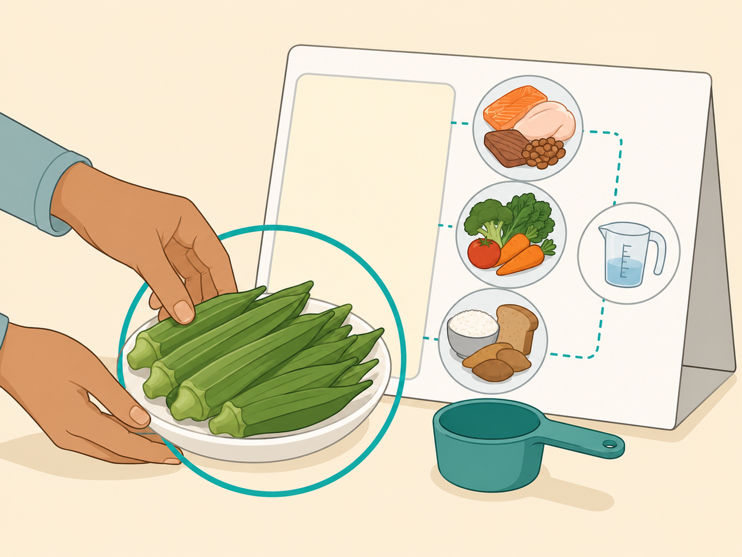 Hands checking a serving of fresh okra with a simple nutrition card.