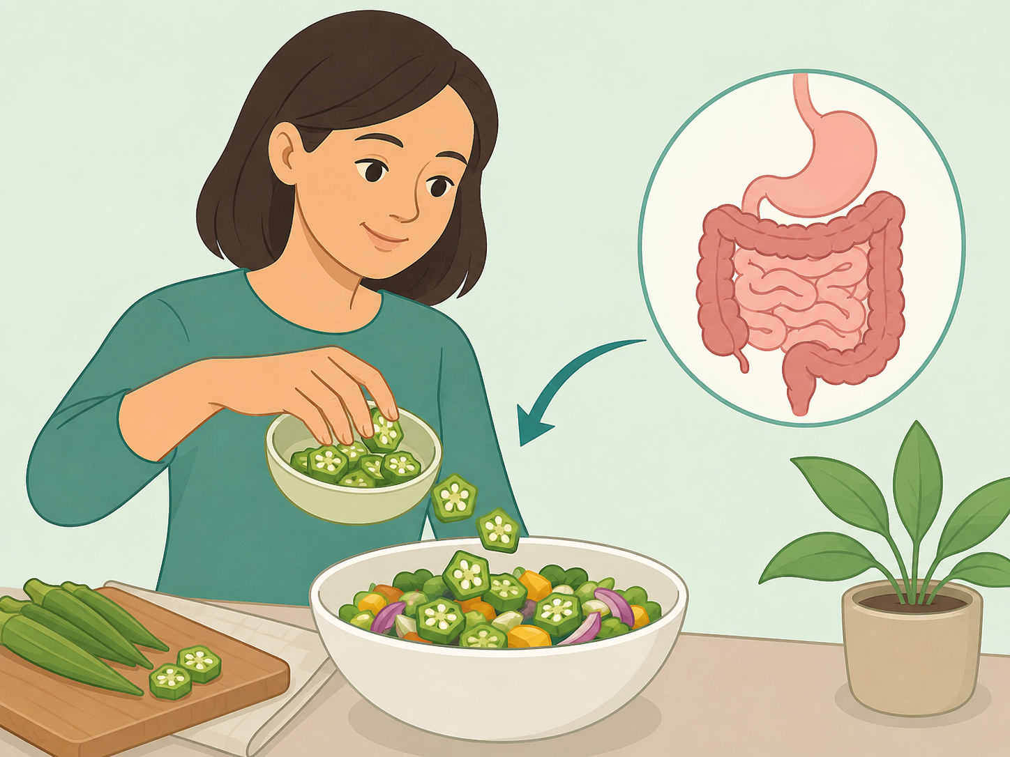 Person adding sliced okra to a bowl to show its fiber benefit.