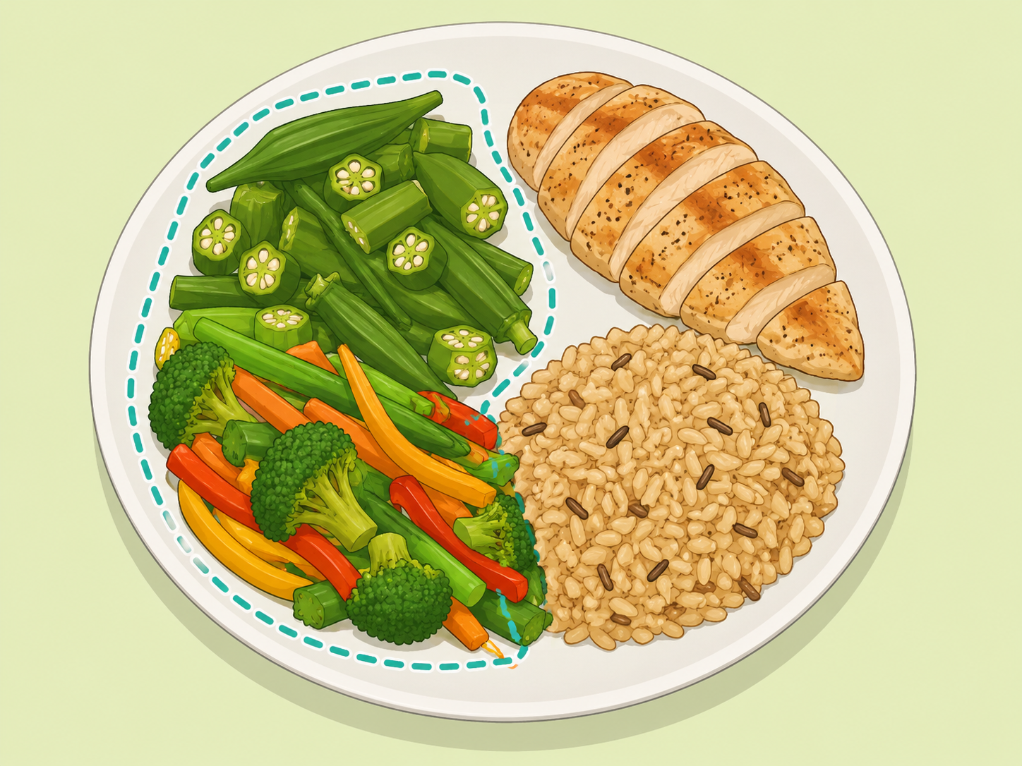 Balanced plate with okra as a non-starchy vegetable.