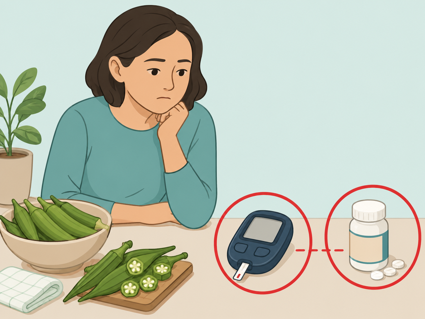 Person considering blood sugar information with okra and medication nearby.