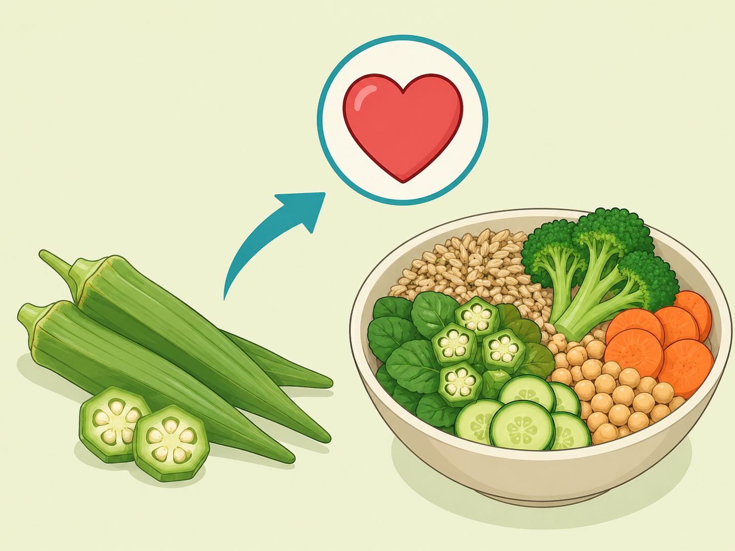 Okra shown with heart-health eating symbols.