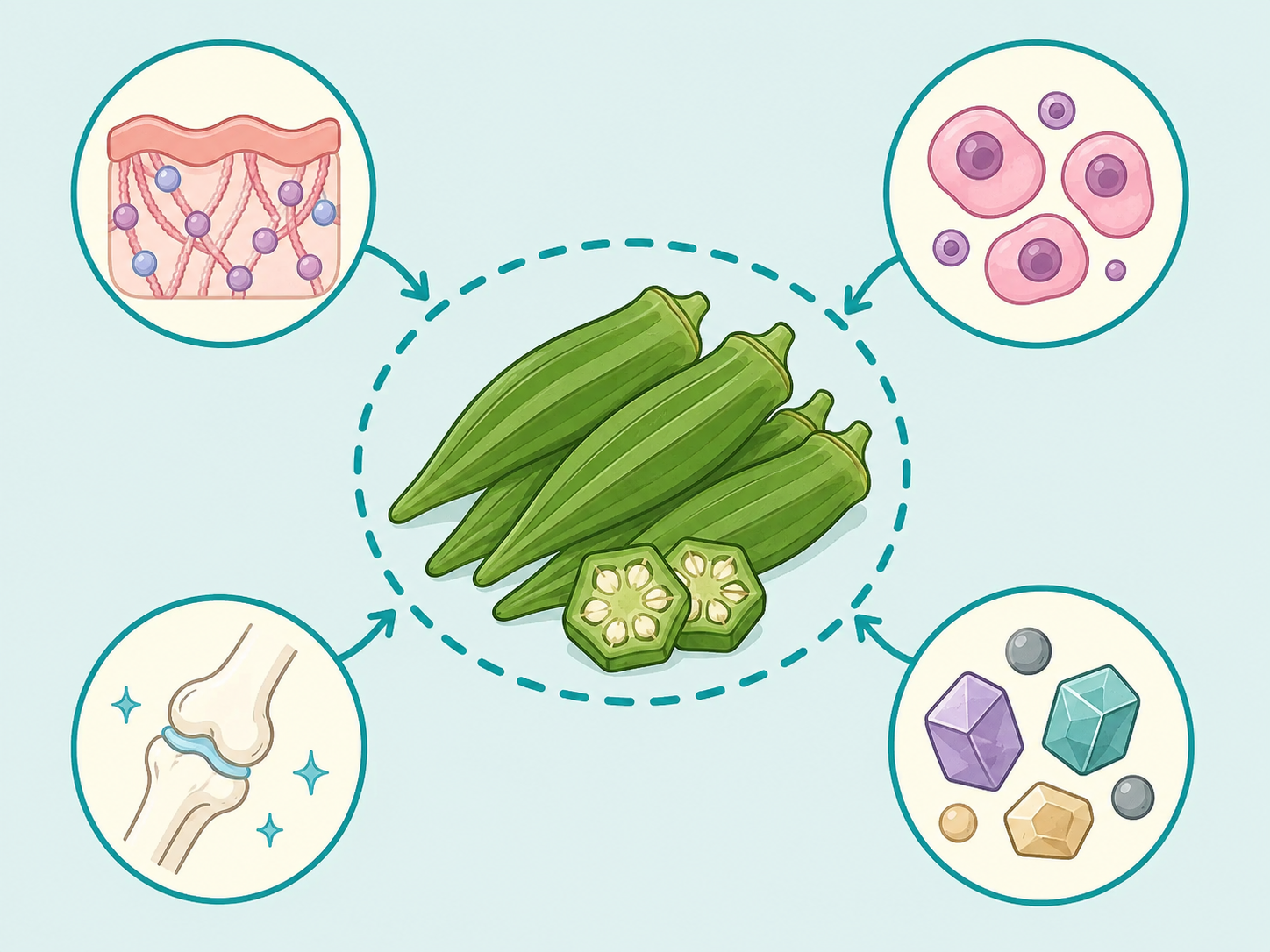 Okra shown with simple vitamin and mineral benefit icons.