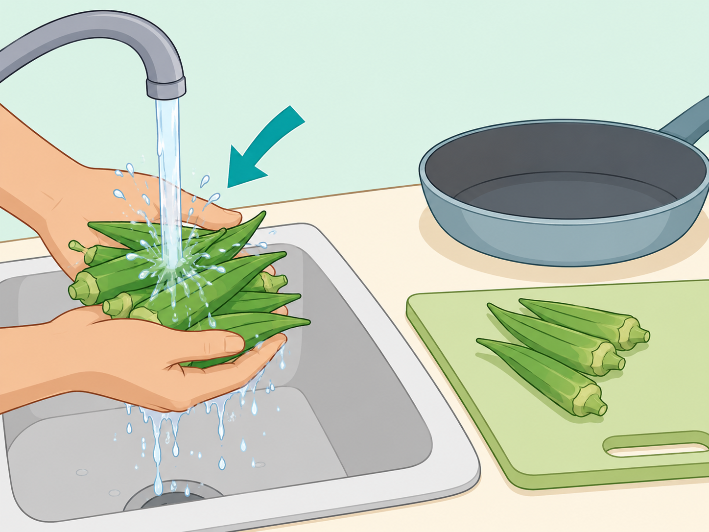 Hands washing okra before preparing it safely.