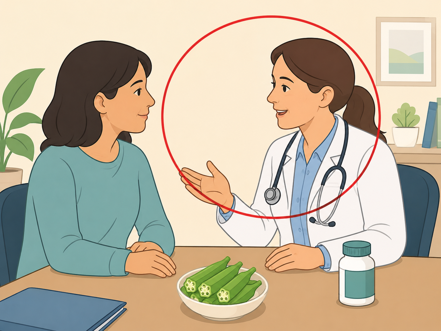 Patient discussing okra and medications with a doctor.