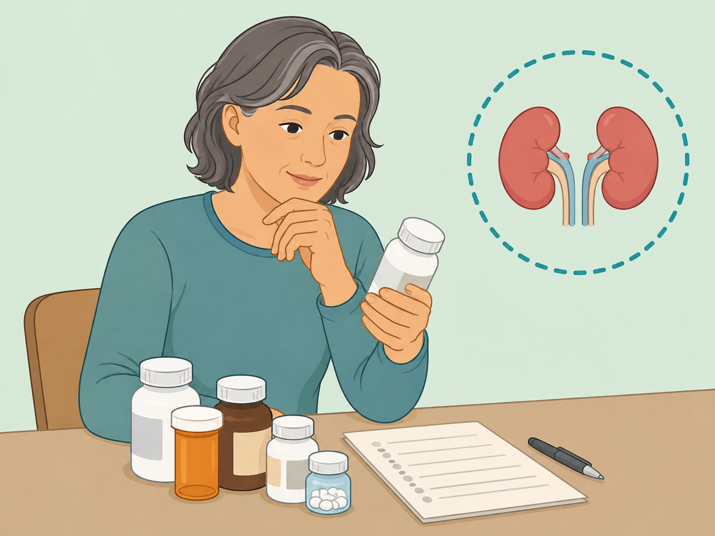 Illustration of a person reviewing medicines with a kidney health checklist.