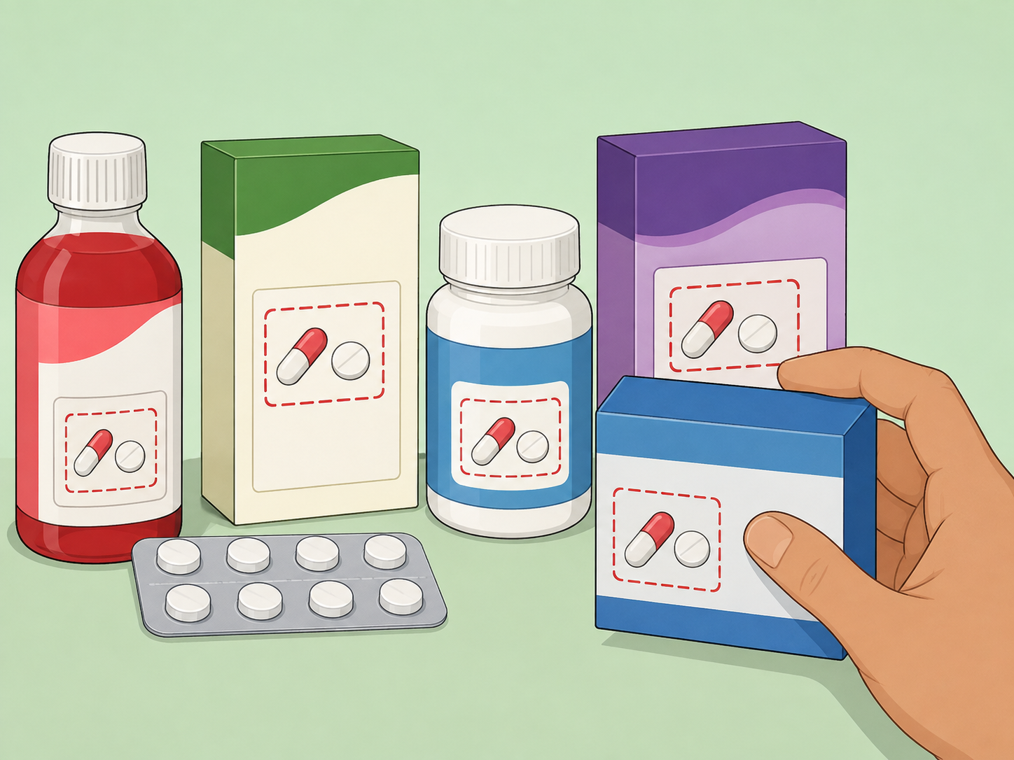 Hand comparing medicine packages to avoid doubling acetaminophen.