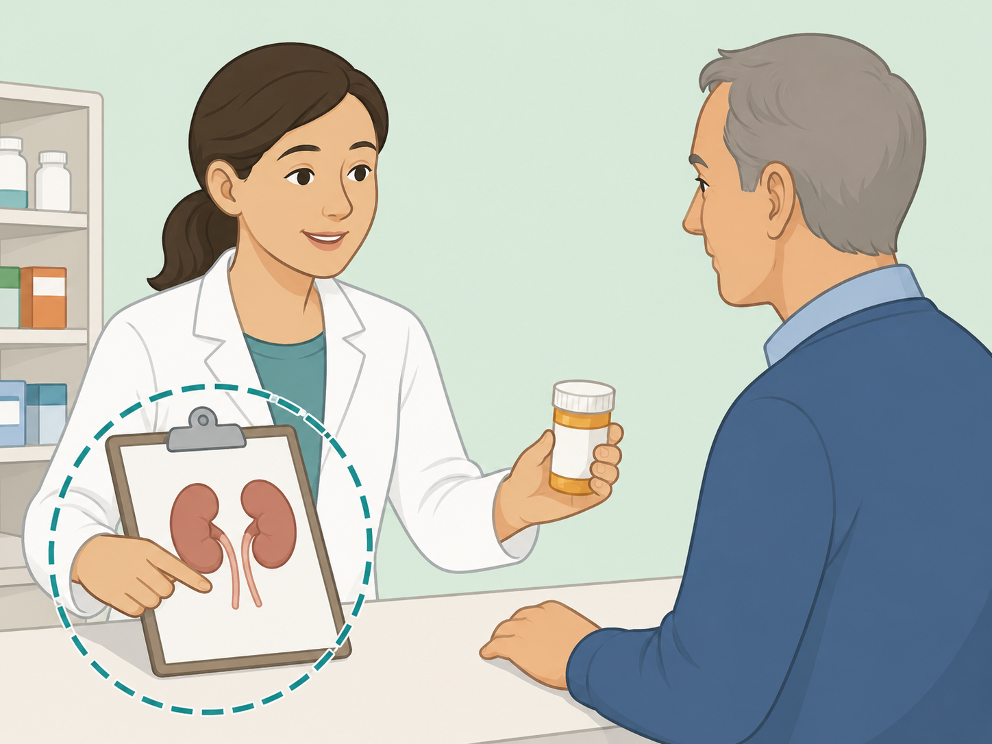 Patient asking a pharmacist whether infection medicine needs kidney dosing.
