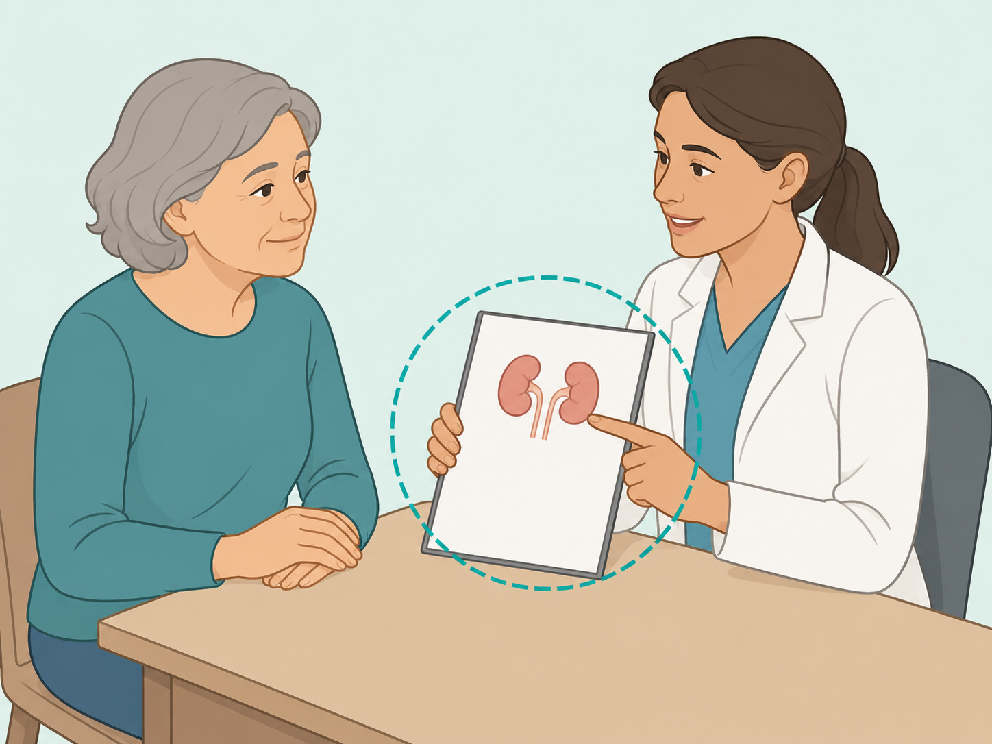 Clinician discussing kidney function testing with a patient.