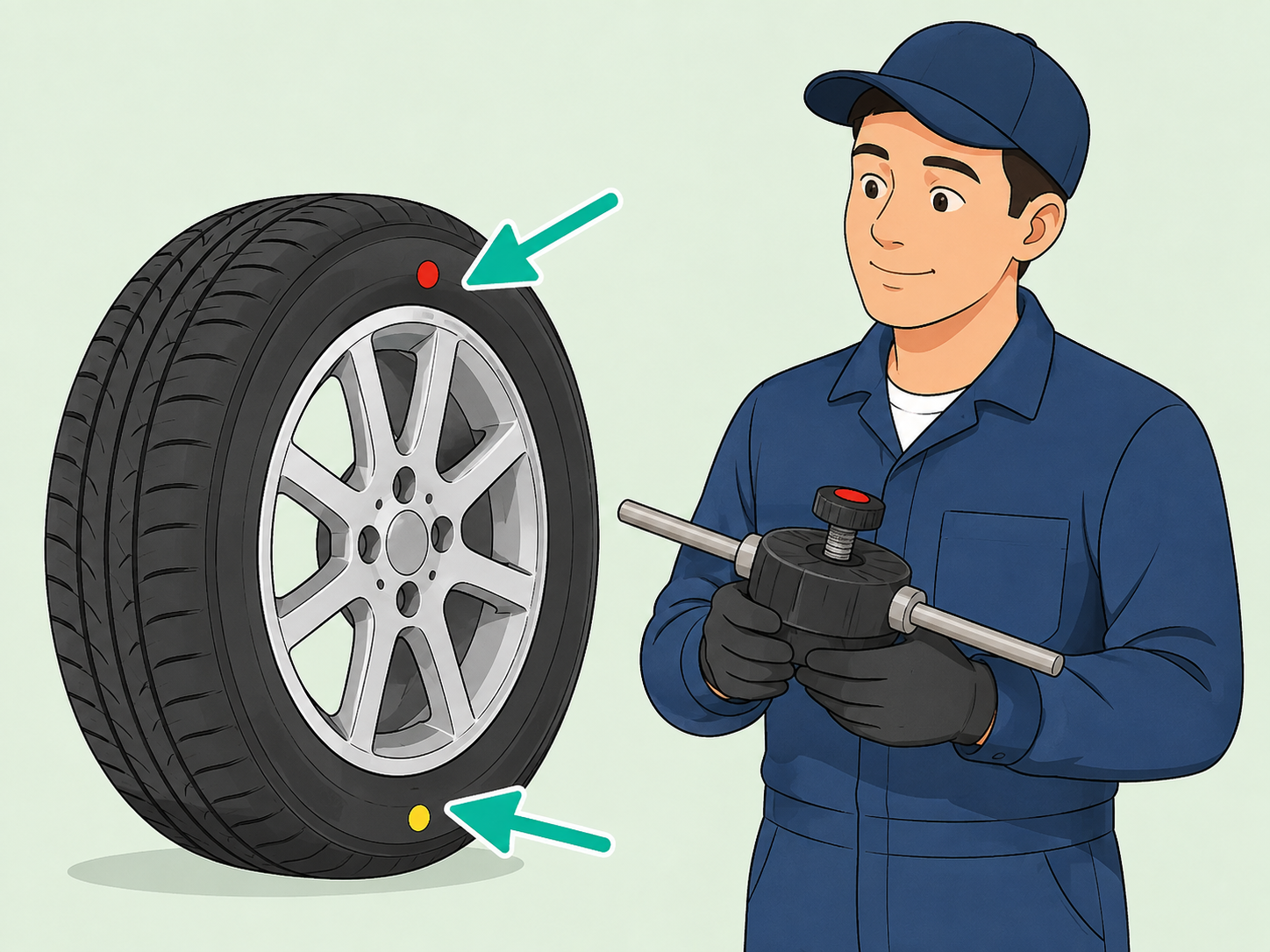 Illustration of a mechanic examining red and yellow dots on a new tire sidewall.