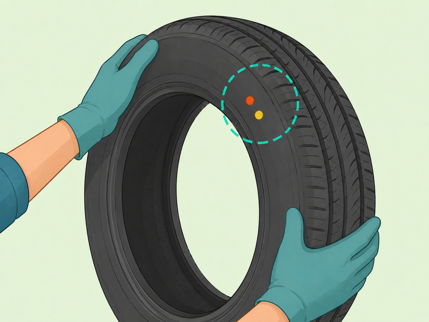 Hands inspecting colored dots on the sidewall of a new tire.