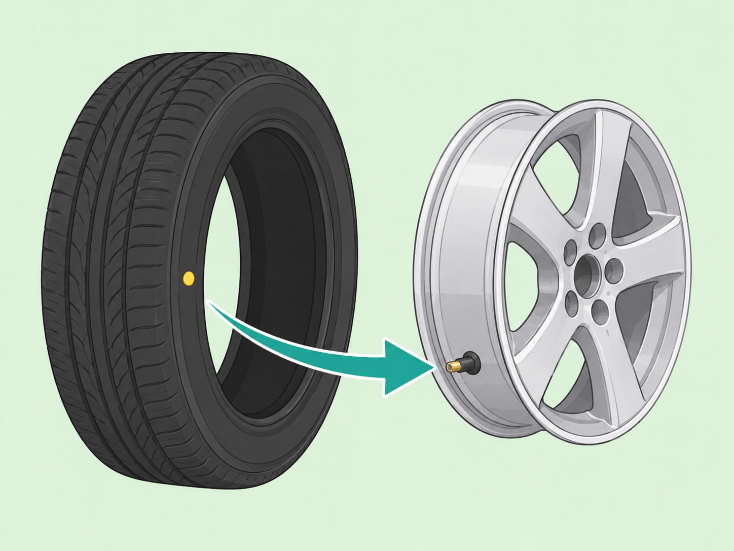 Yellow tire dot highlighted near the valve stem position on a wheel.